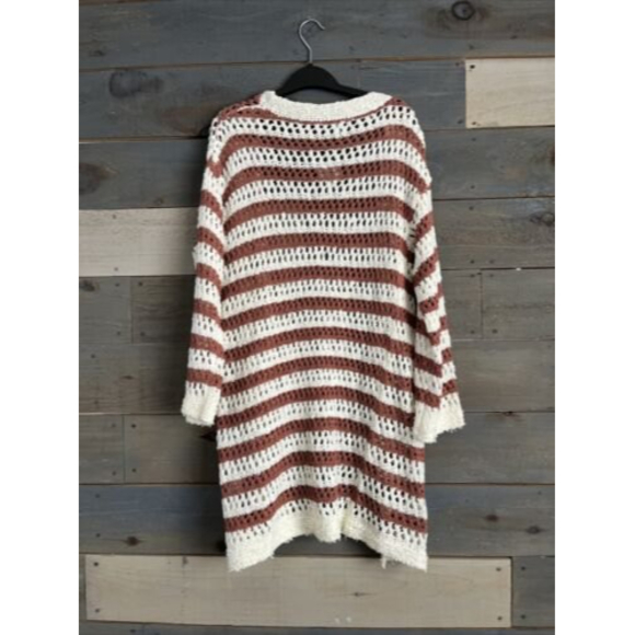 Moon River Striped Pointelle Crochet Open Front Knit Midi Cardigan - Picture 5 of 9